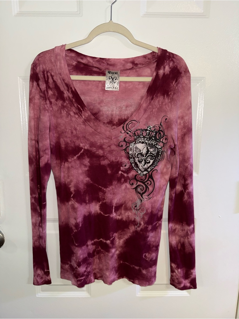 Vocal USA Vintage Y2K Long Sleeve Tunic Top Pink Burgundy Tie Dye Rhinestone XL